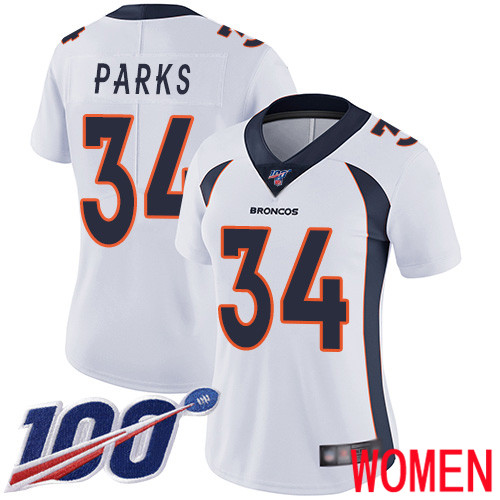 Women Denver Broncos #34 Will Parks White Vapor Untouchable Limited Player 100th Season Football NFL Jersey